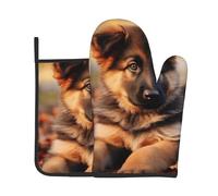 cute german shepherd puppy Printed Heat Resistant Oven Gloves and Pot Holder Set 2 PCS Kitchen Baking for Home Cooks and Bakers