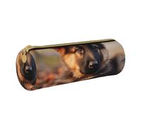 Cute German Shepherd Puppy Printed Leather Pencil Case Round Pen Pencil Pouch Office Large Pencil Bag Stationery Box for Men Women Teens Students