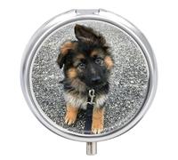 Cute German Shepherd Puppy Travel Pill Box Case 3 Compartment Cute Pill Organizer Metal Pill Holder with Mirror Small Medicine Organizer Daily Pill Container for Purse Pocket Portable Meds Box