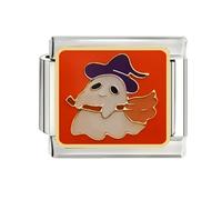 Cute Ghost 9mm Stainless Steel Italian Charm for Women Unisex Halloween Cartoon Enamel Italy Style Charms Compatible with Nomination Bracelet Adjustable DIY Accessories Jewelry (Broom)
