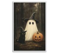 Cute Ghost and Black Cat in Dark Forest Print, Vintage Halloween Wall Art, Dark Academia Indoor Decor for Home Offices Living Room Bedroom Dining Room 30x40cm-Frameless
