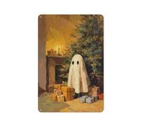 Cute Ghost And Christmas Tree Tin Metal Signs Wall Art Decorations for Bar Pub Club Cafe Room Farmhouse White 30x20cm