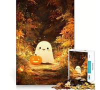 Cute Ghost And Pumpkin in Autumn Forest Jigsaw Puzzle 1000 Piece for Adults Focus Boost Real Thick Family Play Night Play (50x75cm)