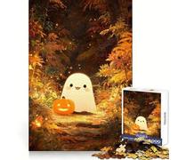 Cute Ghost And Pumpkin in Autumn Forest Jigsaw Puzzle 1000 Piece for Adults Focus Boost Real Thick Family Play Night Play (50x75cm)