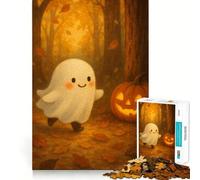 Cute Ghost And Pumpkin in Autumn Forest Jigsaw Puzzles for Teenagers 1000 Piece Logic Train Skill Play Fun Play Evening Game (38x26cm)