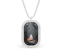 Cute Ghost And Pumpkin in The Woods Rectangle Pendant Necklace Silver Women Jewelry Alloy Keychain Tag Jewelry