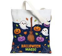 Cute Ghost And Pumpkins Halloween Magic Canvas Tote Bag 13x15 Inch | Smiling Jack-o'-lanterns, Witch Broomstick, Autumn Leaves, Spooky Spider Web Motif, Playful Seasonal Graphic