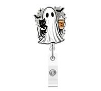 Cute Ghost Badge Holder Halloween Ghost Holding Coffee & Black Cat Retractable Acrylic Badge Reel for Doctor Nurse Student Teacher Name Tag Accessories, Nursing Medical Worker Badge Clip