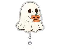 Cute Ghost Badge Reel Acrylic Retractable Halloween Badge Clip with 360° Rotating ID Card Holder Ghost Holding Pumpkin Badge Reel Designs Halloween Spooky ID Badge Holder for Nurses, Doctors