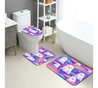 Cute Ghost Bathroom Mat Sets 3 Piece, Fun Cartoon Rainbow Ghosts Absorbent Non Slip Toilet Rugs U Shaped Washable, Fanciful Quick Dry Memory Foam Bathroom Rug Set