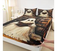 Cute Ghost Bedding Set for Girls Boys Vintage Bookshelf Reading Book Fitted Sheet Happy Halloween Bed Cover Room Decor Dark Brown Sheet Set with 1 Pillowcase,No Top Flat,Single