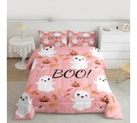 Cute Ghost Bedding Sets Single Size,Happy Halloween Comforter Set 2Pcs for Kids Girls Boys Women Room Decor,Pumpkin Lantern Quilted Duvet Fall Leaves Down Comforter,1 Pillowcase