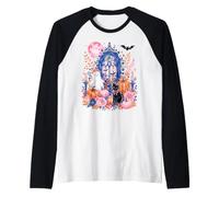 Cute Ghost Black Cat Gothic Window Floral Halloween Art Raglan Baseball Tee