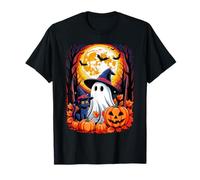 Cute Ghost Black Cat Halloween Witch Pumpkin Dark Forest T-Shirt
