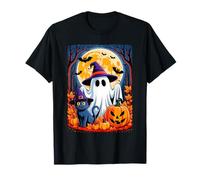 Cute Ghost Black Cat Halloween Witch Pumpkin Dark Forest T-Shirt