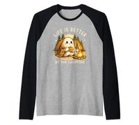Cute Ghost Bonfire Camping Raglan Baseball Tee