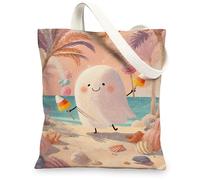 Cute Ghost Canvas Tote Bags, Adorable Cartoon Design Reusable Bags, Fun Beach Theme Lightweight Washable Canvas Bags for Travel Outdoor Picnic 13x15 Inch