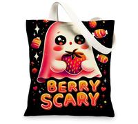 Cute Ghost Canvas Tote Bags, Berry Scary Cartoon Pattern Reusable Grocery Bags, Lightweight Washable Shoulder Strap Canvas, Black, 13x15 Inch