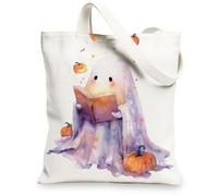 Cute Ghost Canvas Tote Bags, Fanciful Pumpkin Design Reusable Grocery Bags, Lightweight Washable Shoulder Strap Canvas Bags for Shopping Travel 13x15 Inch