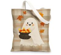 Cute Ghost Canvas Tote Bags, Halloween Character Pattern Reusable Bags, Cozy Autumn Lightweight Washable Shoulder Strap for Grocery Travel 13x15 Inch