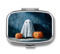 Cute Ghost Carved Pumpkins Halloween Spooky Pill Box 2 Compartment Portable Medicine Pill Case Travel Pill Organizer for Pocket Purse