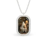 Cute Ghost Cat in An Armchair Rectangle Pendant Necklace Silver Women Jewelry Alloy Keychain Tag Jewelry