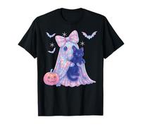Cute Ghost Coquette Pink Bow Black Cat Kawaii Pastel Girl T-Shirt