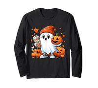 Cute Ghost Drinking Coffee Halloween Ghost Ice Coffee Womens Long Sleeve T-Shirt