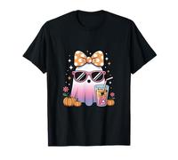 Cute Ghost Drinking Coffee Halloween Vibes Autumn Morning T-Shirt
