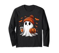 Cute Ghost Drinking Ice Coffee Halloween Pumpkin Mens Womens Long Sleeve T-Shirt