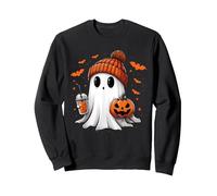 Cute Ghost Drinking Ice Coffee Halloween Pumpkin Mens Womens Sweatshirt, Adult Unisex, Black, Small