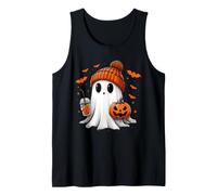 Cute Ghost Drinking Ice Coffee Halloween Pumpkin Mens Womens Tank Top