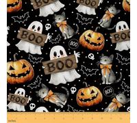 Cute Ghost Fabric by The Yard 36" L x 59" W,Halloween Pumpkin Lantern Soft Flannel Polyester No Stretch Sewing,Cartoon Cat Bowkonot Decor Home DIY Projects,1 Yard,Waterproof