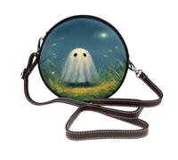 Cute Ghost Floating In Grassy Fields Women Round Crossbody Bags Leather Sling Bag Purse