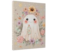 Cute Ghost Floral Canvas Wall Art, Beige Peach Halloween Decor, Fanciful Art for Living Room, Bedroom, Playroom, Wrapped Canvas 16x20 Inch
