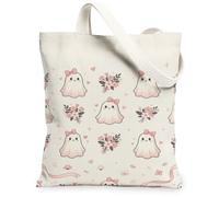 Cute Ghost Floral Pattern Halloween Canvas Tote Bag 13x15 Inch | Fanciful ghost print, Soft blush color palette, Romantic floral accents, Seasonal autumn accessory