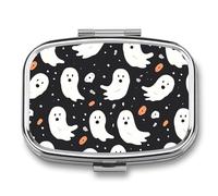 Cute Ghost Halloween Pattern Pill Box 2 Compartment - Small Metal Medicine Organizer Portable Pill Case for Purse Pocket Travel Vitamin Organizer for Men Women, BPA-Free
