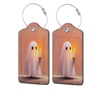 Cute Ghost Holding A Candle Simple Luggage Tag for Suitcase 2 Pack Leather Luggage Tag with Privacy Flap Name Id Label and Metal Loop for Women Men Travel