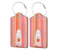 Cute Ghost Holding A Pumpkin Candy Bucket Luggage Tag for Suitcase 2 Pack Leather Luggage Tag with Privacy Flap Name Id Label and Metal Loop for Women Men Travel