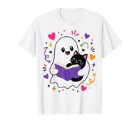 Cute Ghost Holding Black Cat Reading Kawaii Book Lover Value Graphic T-Shirt, Men, White, S