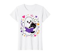 Cute Ghost Holding Black Cat Reading Kawaii Book Lover Value Graphic T-Shirt, Women, White, S