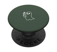 Cute Ghost Holding Flower Minimalist - Sage Green PopSockets Adhesive PopGrip