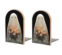 Cute Ghost Holding Flowers Wooden Bookends Shelves 2 PCS Sturdy Book Holders Desktop Organizer for Home Office Libraries