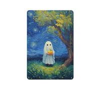 Cute Ghost Holding Fruit Under The Tree Tin Metal Signs Wall Art Decorations for Bar Pub Club Cafe Room Farmhouse White 30x20cm