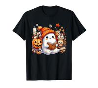 Cute Ghost Ice Drinking Coffee Halloween Book Reading Women T-Shirt