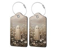 Cute Ghost in A Field of Wild Flowers Luggage Tag for Suitcase 2 Pack Leather Luggage Tag with Privacy Flap Name Id Label and Metal Loop for Women Men Travel