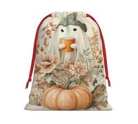 Cute Ghost In Beanie Drinking Pumpkin Juice Soft Velvet Christmas Drawstring Bag Reusable Wrapping Sack Xmas Party Present Bag