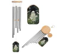 Cute Ghost in The Garden White Flowers Wind Chimes Memorial Deep Tone Windchime with 6 Aluminum Tubes Outdoor Backyard Garden Decoration