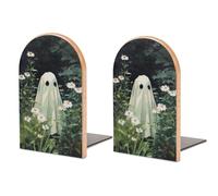 Cute Ghost in The Garden White Flowers Wooden Bookends Shelves 2 PCS Sturdy Book Holders Desktop Organizer for Home Office Libraries