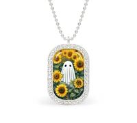 Cute Ghost in The Middle of Sunflowers Rectangle Pendant Necklace Silver Women Jewelry Alloy Keychain Tag Jewelry
